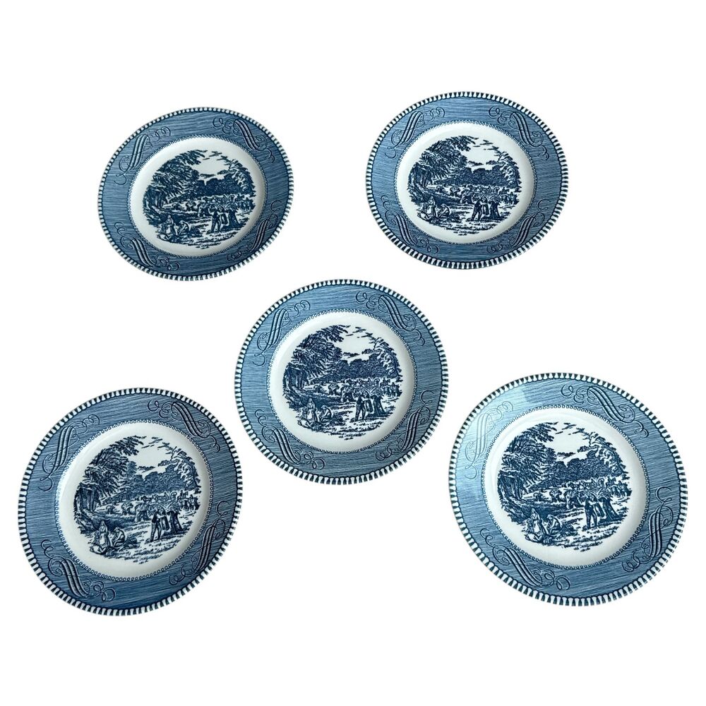 Lot of 5 Vintage Currier & Ives Blue Bread Butter Plates 6.25" Harvest Royal USA